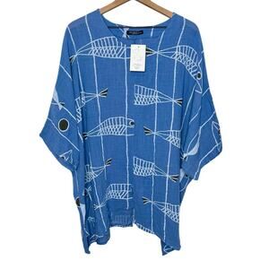 NWT NEW COLLECTION MADE IN ITALY Linen Tunic Top Blue Fish One Size Lagenlook